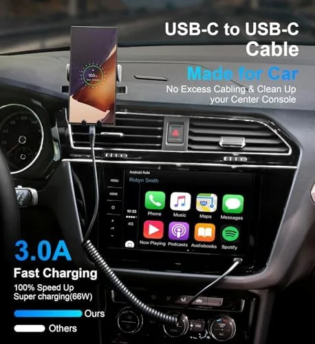 The cable stretched from a car port to a phone mounted on the dashboard