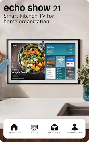 Amazon Echo Show 21 mounted on a kitchen wall showing a recipe