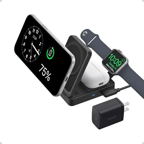 Front view of the Anker MagGo 3-in-1 folded charging station on a nightstand