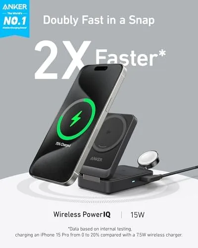 The Anker MagGo 3-in-1 with an iPhone aligned to the vertical Qi2 pad