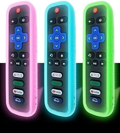 Three silicone cover cases for Roku remotes arranged on a coffee table