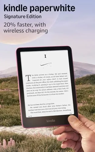 Front view of the Kindle Paperwhite Signature Edition in metallic raspberry