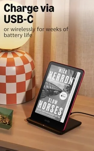 The Kindle Paperwhite flat e-ink display showing a page of text