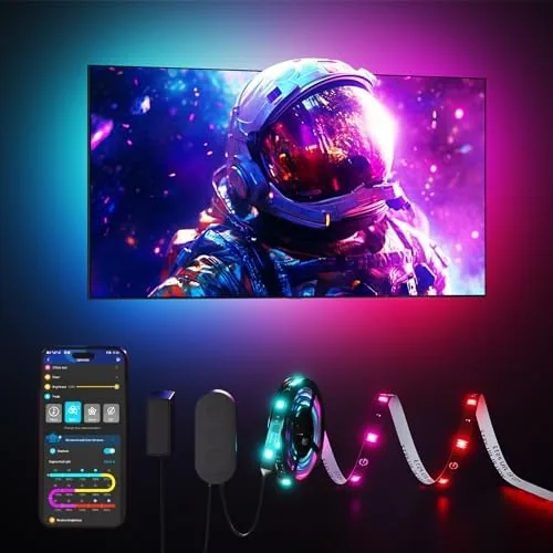 The Govee RGBIC strip glowing multicolor behind a 50 inch television