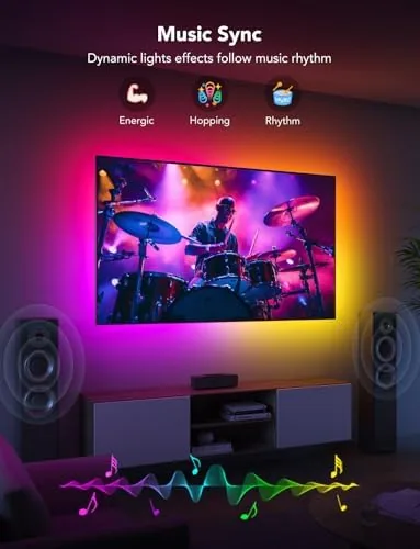 A movie scene with the strip glowing in a calm ambient gradient behind the TV