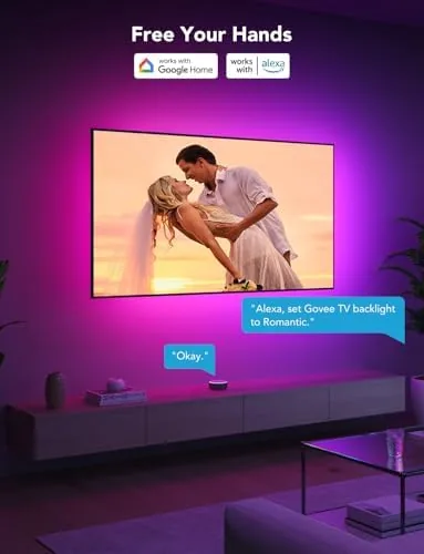 A game night scene with the strip running a bright reactive color effect behind the TV