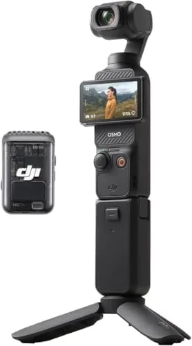 The DJI Osmo Pocket 3 Creator Combo with the DJI Mic 2 transmitter beside it