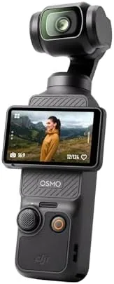 The DJI Osmo Pocket 3 held in one hand with the screen facing the operator
