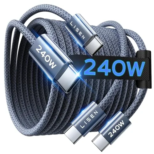 Two LISEN 240W USB-C cables in midnight color coiled together