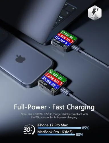LISEN 240W cable charging a laptop from a wall adapter