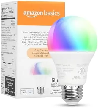The Amazon Basics smart A19 bulb installed in a living room lamp and glowing in a cool white tone