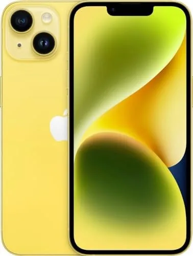 The renewed iPhone 14 in yellow shown front and back on a clean surface
