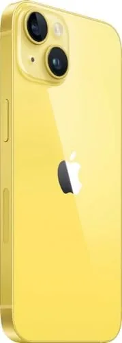 A close up of the yellow glass back with the dual camera array and Apple logo