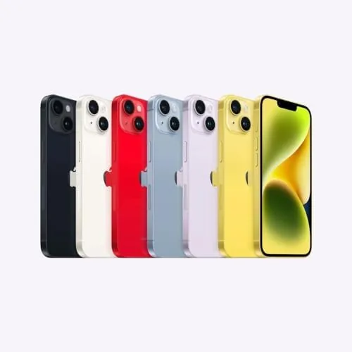 The yellow iPhone 14 beside a new iPhone 15 and a renewed iPhone 13