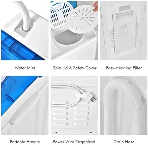 The portable washer rolled into a dorm room corner next to a shelf of supplies
