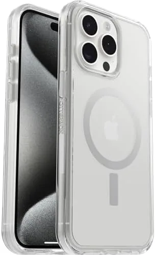 The iPhone 15 Pro Max in the clear case on a desk showing the titanium back through the panel
