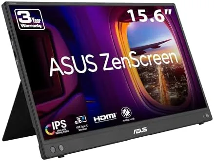 The ASUS ZenScreen MB16AHV portable monitor connected to a laptop