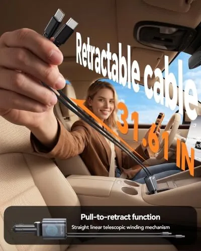 Close look at the 84W Retractable Car Charger,Car Phone Charger USB C Fast Charge build quality