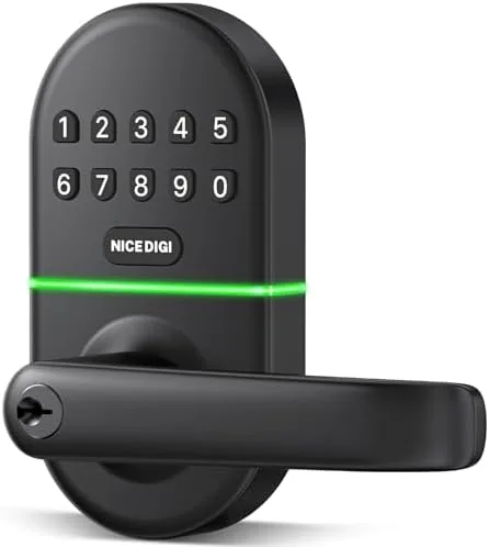 The keypad door lock installed on a front door with the handle and backlit pad visible