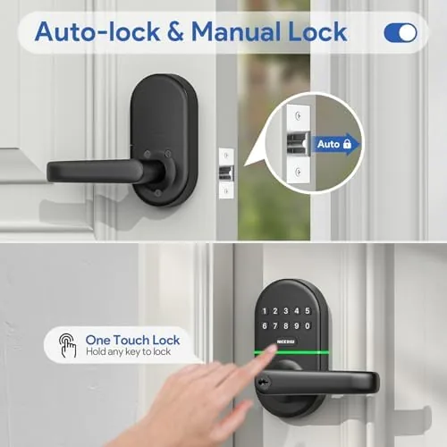 The keypad handle lock next to an app based smart lock and a standalone deadbolt