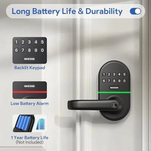 A hand opening the door using the lever handle after entering a code