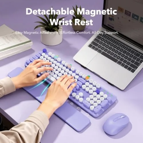 Close look at the Wireless Keyboard and Mouse, Round Keycaps, Magnetic Wrist Rest, Purple build quality