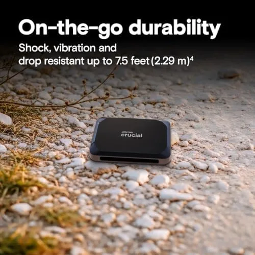 Detail shot of the Crucial X9 2TB Portable SSD, Up to 1050MB/s, USB 3.2 features