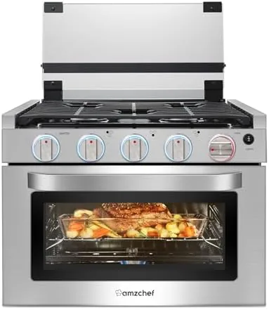 The AMZCHEF 17 inch RV gas range installed in a camper kitchen with three burners visible