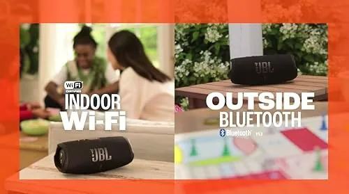 The Charge 5 Wi-Fi speaker playing beside a pool during an outdoor test