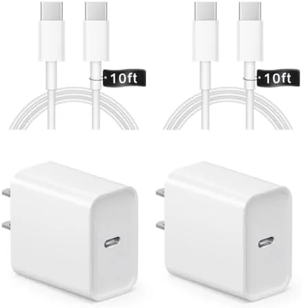 The white 20W USB-C charger block plugged into a wall outlet