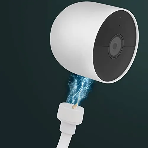 The Nest Cam battery charging while mounted under the eave with the cable connected