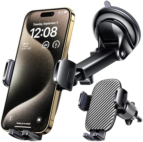 The Qifutan phone holder assembled with the cradle gripping a smartphone
