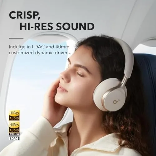 The headphones being worn on a commuter train