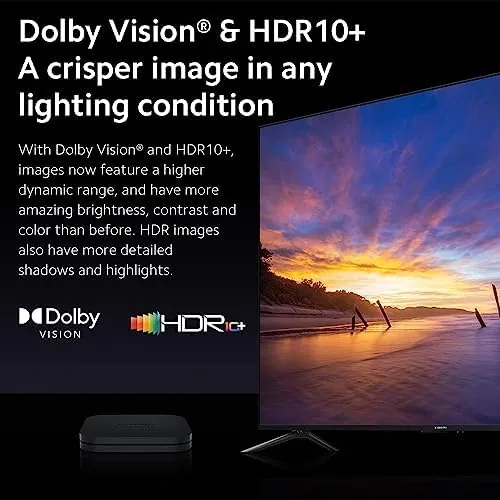 A 4K stream playing on the television with the box visible below the screen