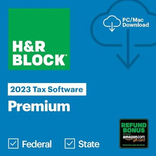 A finished 2023 return printed out beside a laptop running the H&R Block software