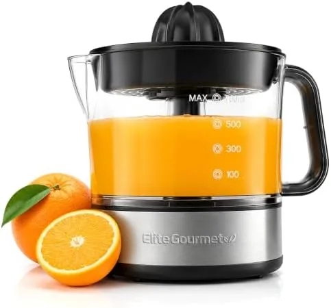 The Elite Gourmet ETS623 juicer on a kitchen counter with oranges beside it