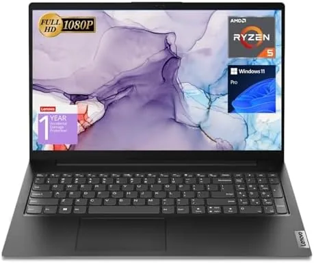 The Lenovo V15 laptop open on a desk showing the keyboard