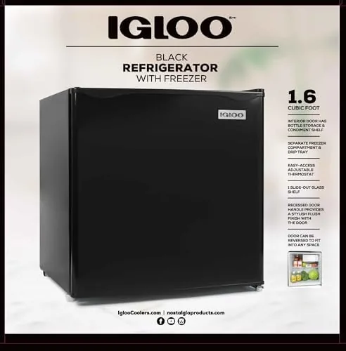Close up of the Igloo fridge door, handle, and temperature control dial