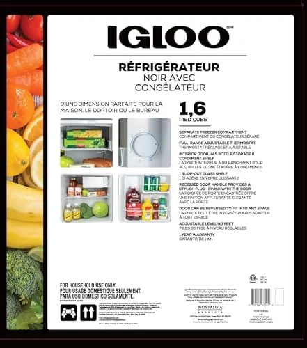Interior of the Igloo fridge with glass shelves holding drinks and snacks
