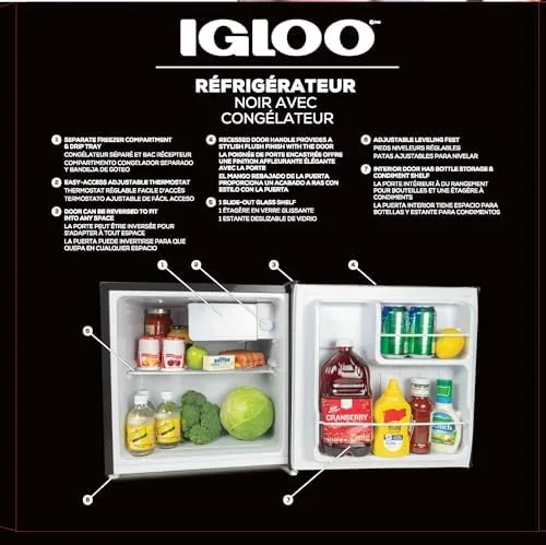 Freezer compartment inside the Igloo fridge with an ice tray and frozen items