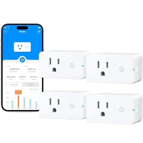 Four Govee smart plugs lined up next to their boxes