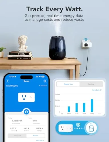 A Govee smart plug plugged into a wall outlet with a lamp attached