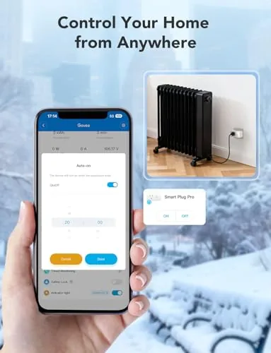 A smart home desk scene with plugs, a lamp, and a phone showing the app