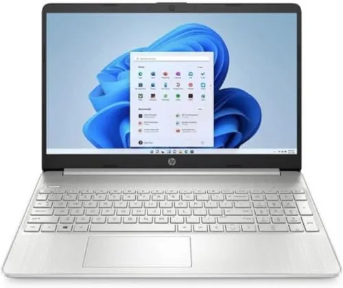 The silver HP 15 laptop open on a desk
