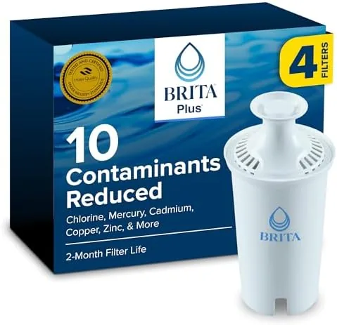 Four pack of Brita Plus replacement filters on a kitchen counter