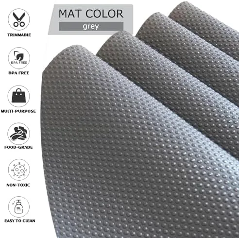 Grey liner mats installed on the shelves of a refrigerator