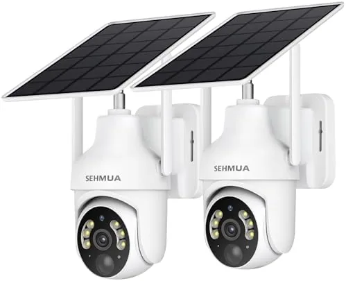 Two SEHMUA 2K solar security cameras mounted on a house exterior