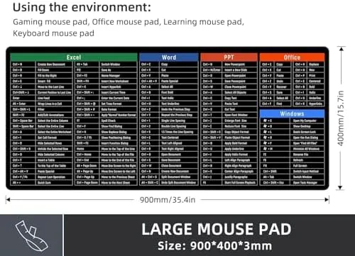 The Rinaze Large Mouse Pad Desk Mat with Excel Shortcuts Cheat compared in context