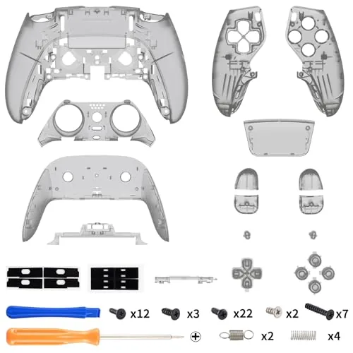 All the clear black parts of the kit laid out on a desk