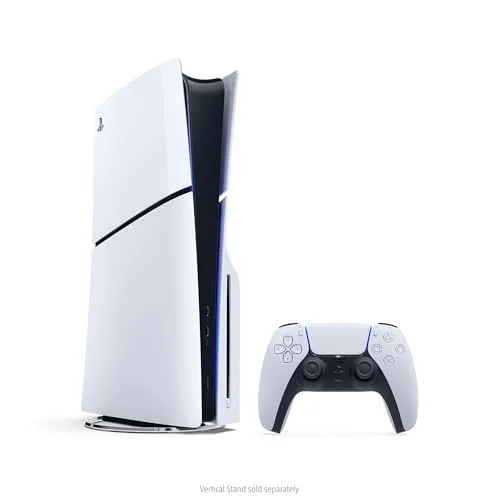 PlayStation 5 Disc Edition slim console with the controller in front